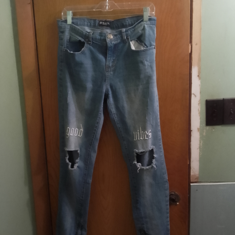 Blue Distressed Skinny Jeans with Embroidery Good Vibes Size 30/32